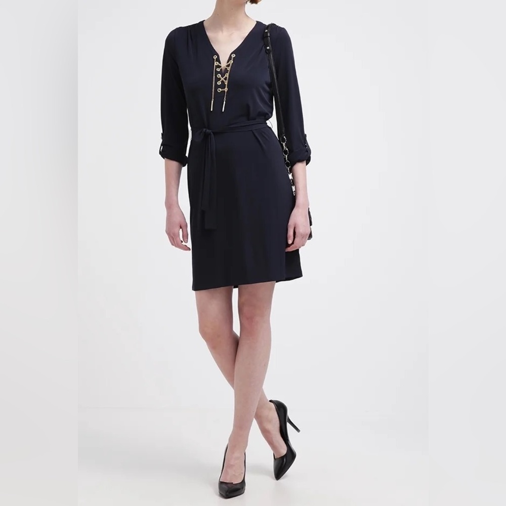 Michael Kors Shirt Dress, Navy/Gold trim, Size L - Picture 2 of 15